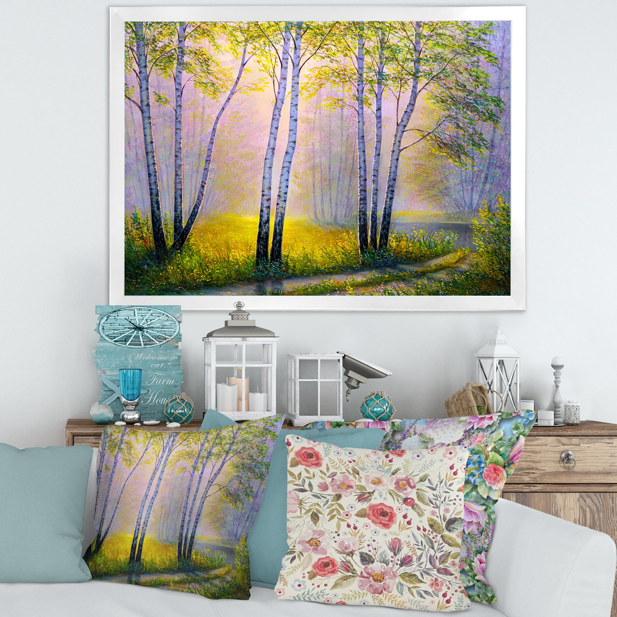 Designart 'Sunrise Glow Through The Birches I' Traditional Framed Art Print