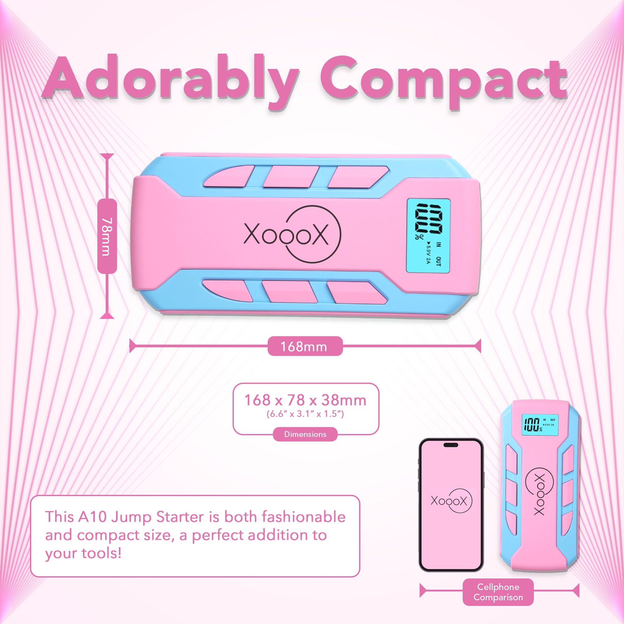 XoooX Pink Portable Car Battery Jump Starter Kit with Jumper Cables, LED Light and Case; 12V Jump Start Battery Pack; Portable Battery Charger for USB/USB-C Devices