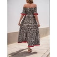 thumbnail image 3 of Women's Leopard Print Off Shoulder Flounce Sleeve Midi Dress 100% Polyester Ruched Smocked Bodice Elegance Evening Wear, 3 of 7