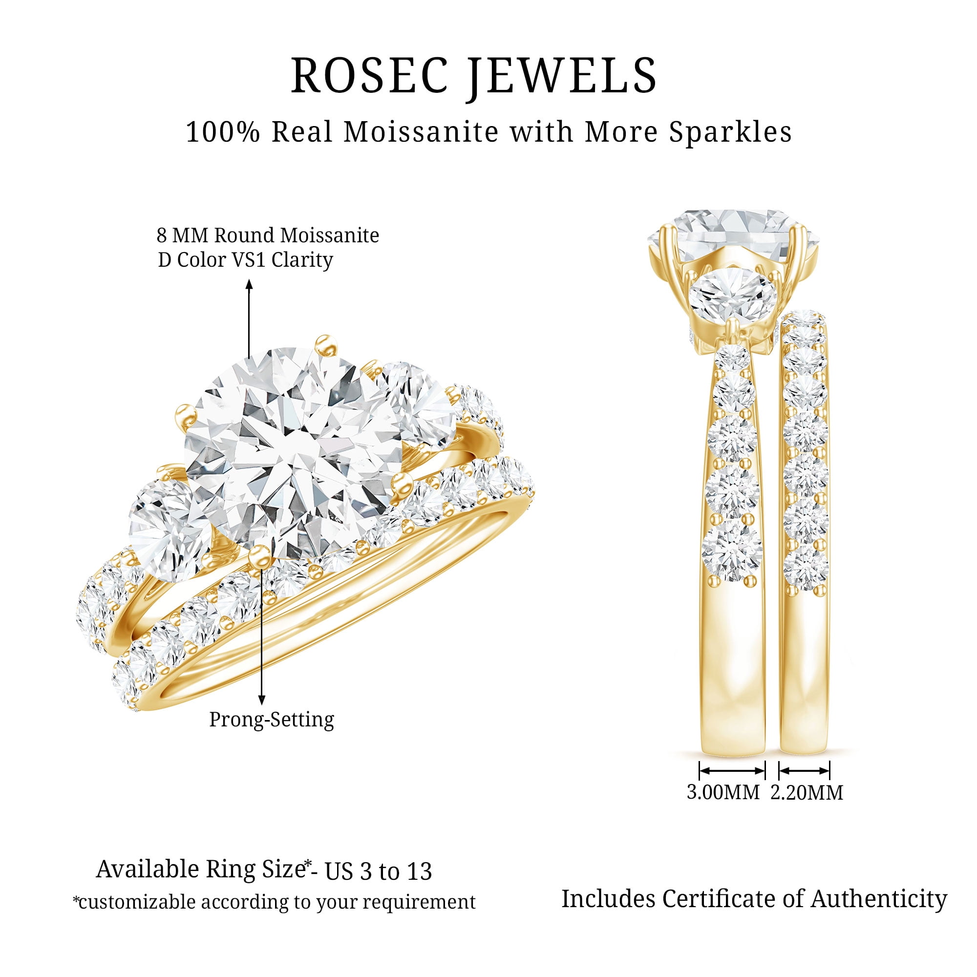 Rosec Jewels Certified Moissanite Wedding Engagement Ring Set for Women, 14K Yellow Gold, US 6.00