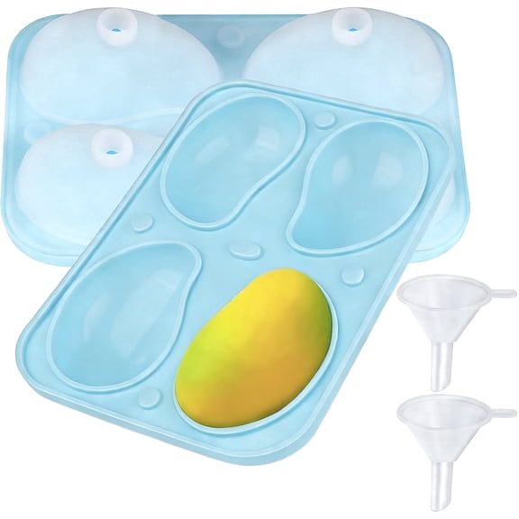 2 Pcs 4-Cavity Mango Silicone Molds with 2 Funnels, 3D Fruit Pastry Molds for Baking, Safe & Longevity, 7.5 x 5.5 x 2 in for Oven and Freezer