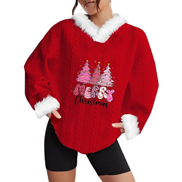 Chemises pour Femmes Mode Arbre de Noël Femmes Impression Mode Manches Longues Tops Col Rond Poche à Capuche Ample Top