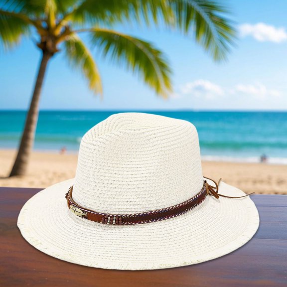 Conairie Unisex Summer Straw Fedora Hat with Feather Decoration Beach Vacation Sun Protection Wide Brim Casual Style Light Yellow