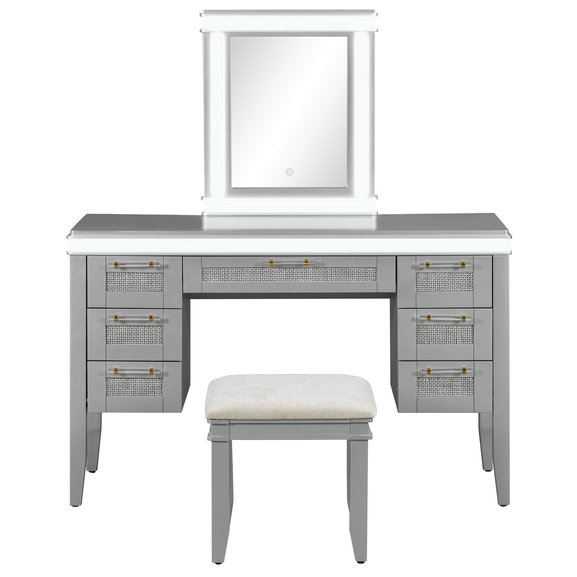 GARITIN 48 Inch Vanity Desk with Mirror & Lights, Makeup Vanity with 7 Drawers & Cushioned Stool, Dressing Table with Hollow Design Drawer, Rubber Wood Legs, Grayish Blue