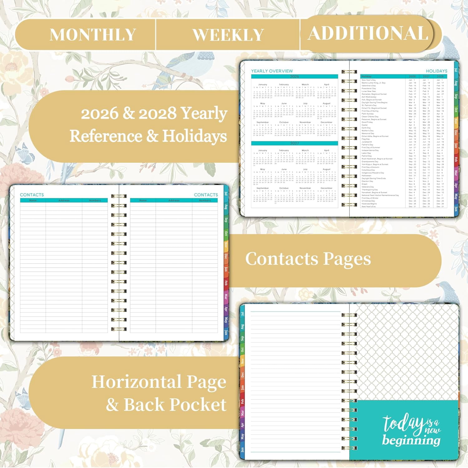 Academic Planner Weekly And Monthly 2026-2027, July 2026 To June 2027, 6.3 x 8.4 In, Colorful Tabs, Inner Pocket, Twin-Wire Binding