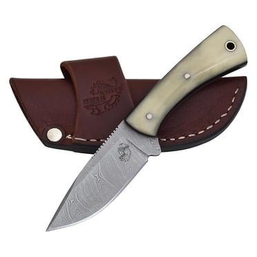 Fixed Blade Hunting Knife - Full EDC - Damascus Skinning Knife - Bone Handle and Heavy Duty Horizontal Carry Sheath Snug Fit (4402-B)