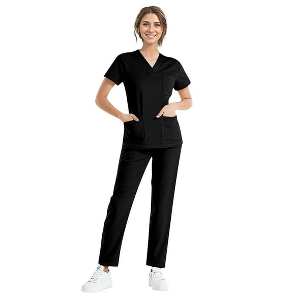 NAMTYQX Medical Scrubs for Women with Pockets Scrub Top & Jogger Pant Casual V Neck Short Sleeve Black Size L
