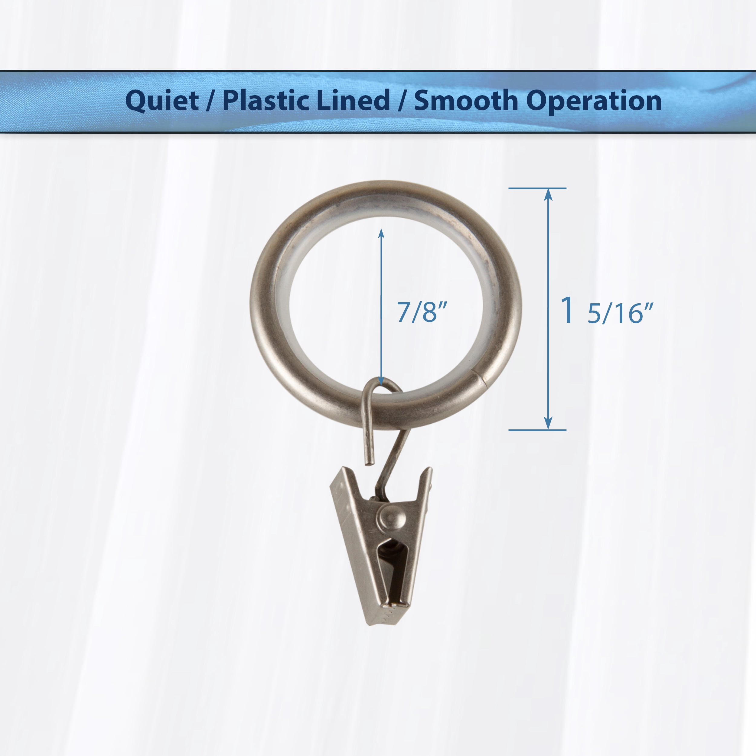 PlusCasa Noise-Canceling 7/8 inch Satin Nickel Curtain Rings with Clips (10 Count)