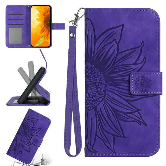 Feishell Wallet Case for Google Pixel 7 Pro 6.7 inch,for Men Women,Sunflower Embossed Pattern PU Leather Flip Cover Magnetic Closure Folio Card Slots Kickstand Phone Case with Hand Strap,Darkpurple
