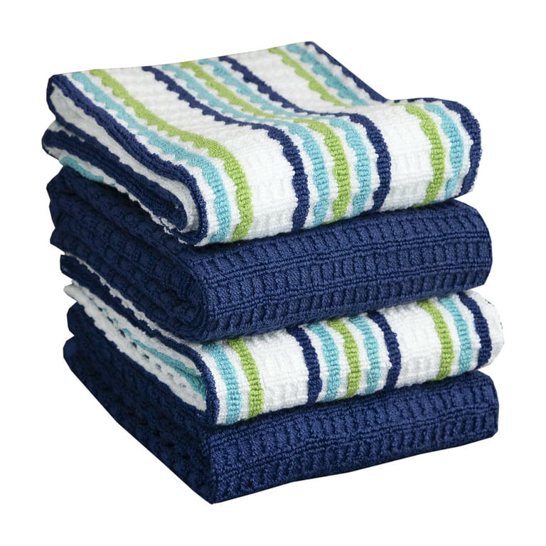 Solid and Stripe Waffle Kitchen Towel, Four Pack, Blue