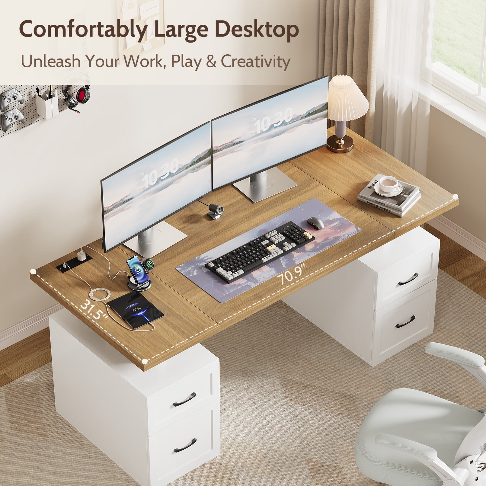 Vividwood Executive Desk — 70'' Home Office Computer Desk with Drawers, Desk with Adjustable File Drawer, Privacy Panel, Built-in Power Outlets