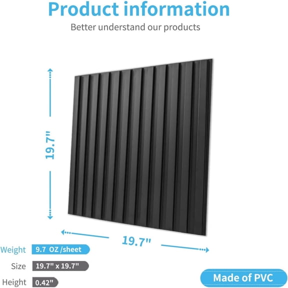 3d Slat Wall Panel, 3D Fluted Textured Panel 12-Tile 19.7 x 19.7in. - Cover 32 Sq.Ft., Black