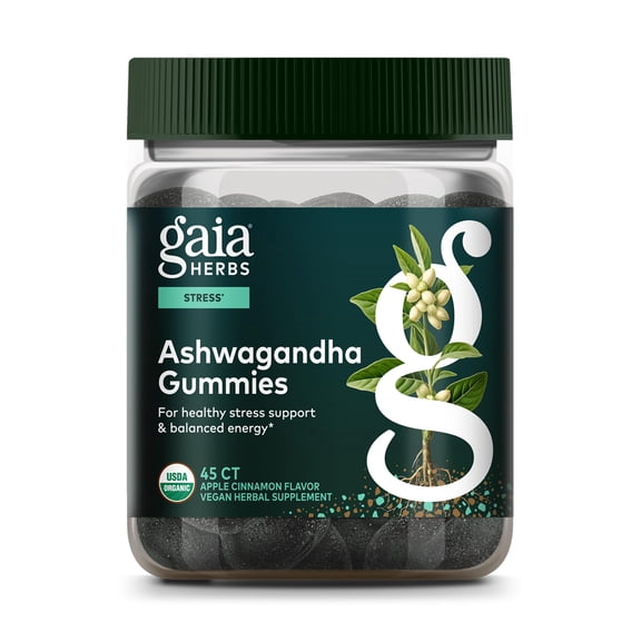 Gaia Herbs Organic Ashwagandha Gummies - Stress Support* - Made with Cinnamon & Ginger - Gluten Free & Vegan - 45 Count (15 Servings)