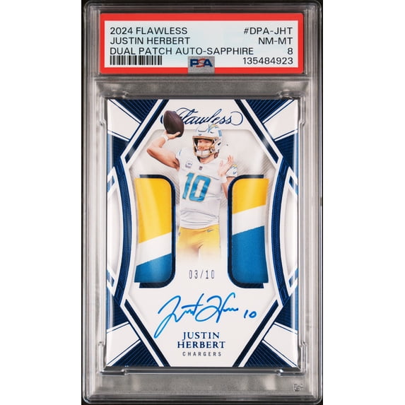 2024 Panini Flawless Dual Patch Autograph Sapphire Justin Herbert #DPA-JHT /10 PSA 8