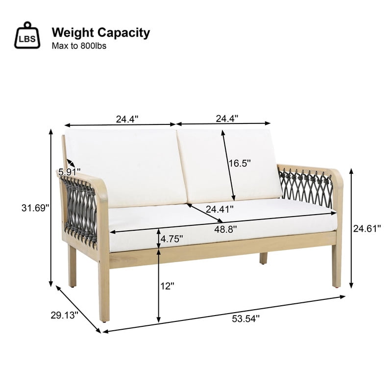4-Piece Outdoor Acacia Wood Sectional Sofa Set, Patio All-Weather Conversation Chat Set with Woven Rope Armrests & Removable Cushions