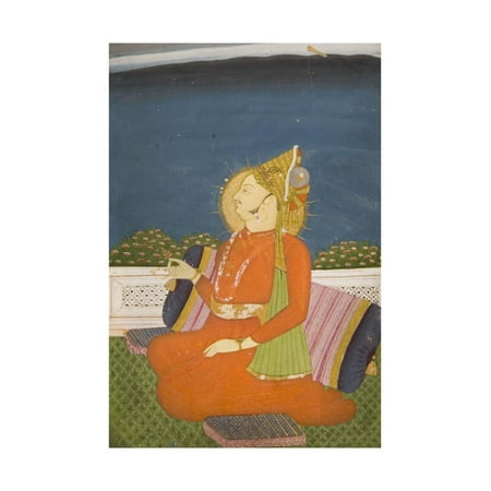 Bejeweled Vessel - A Bejeweled Dignitary, Wearing a Plumed Turban, Holding a Lotus Bud, Sitting on a Terrace Print Wall Art