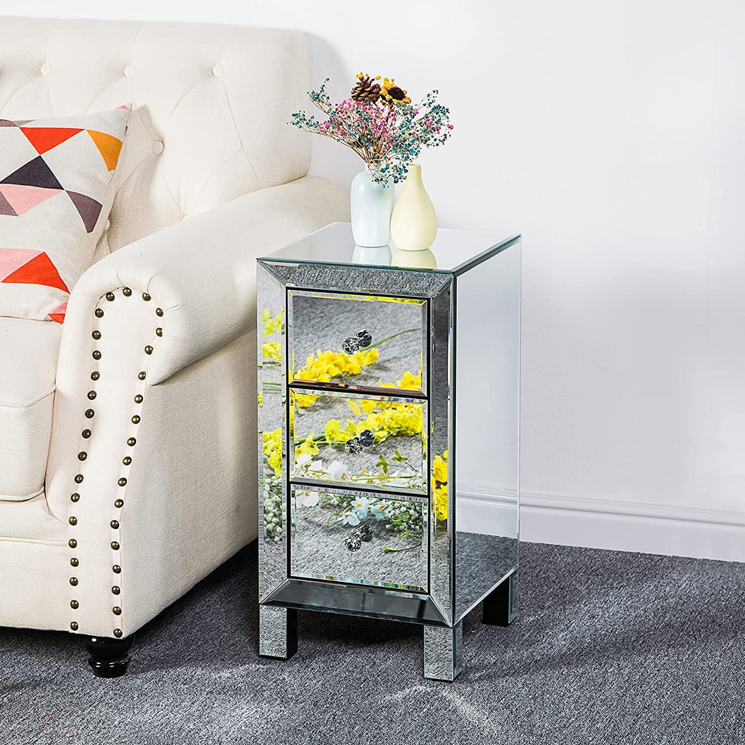 Modern and Contemporary Mirrored 3Drawers Nightstand Bedside Table