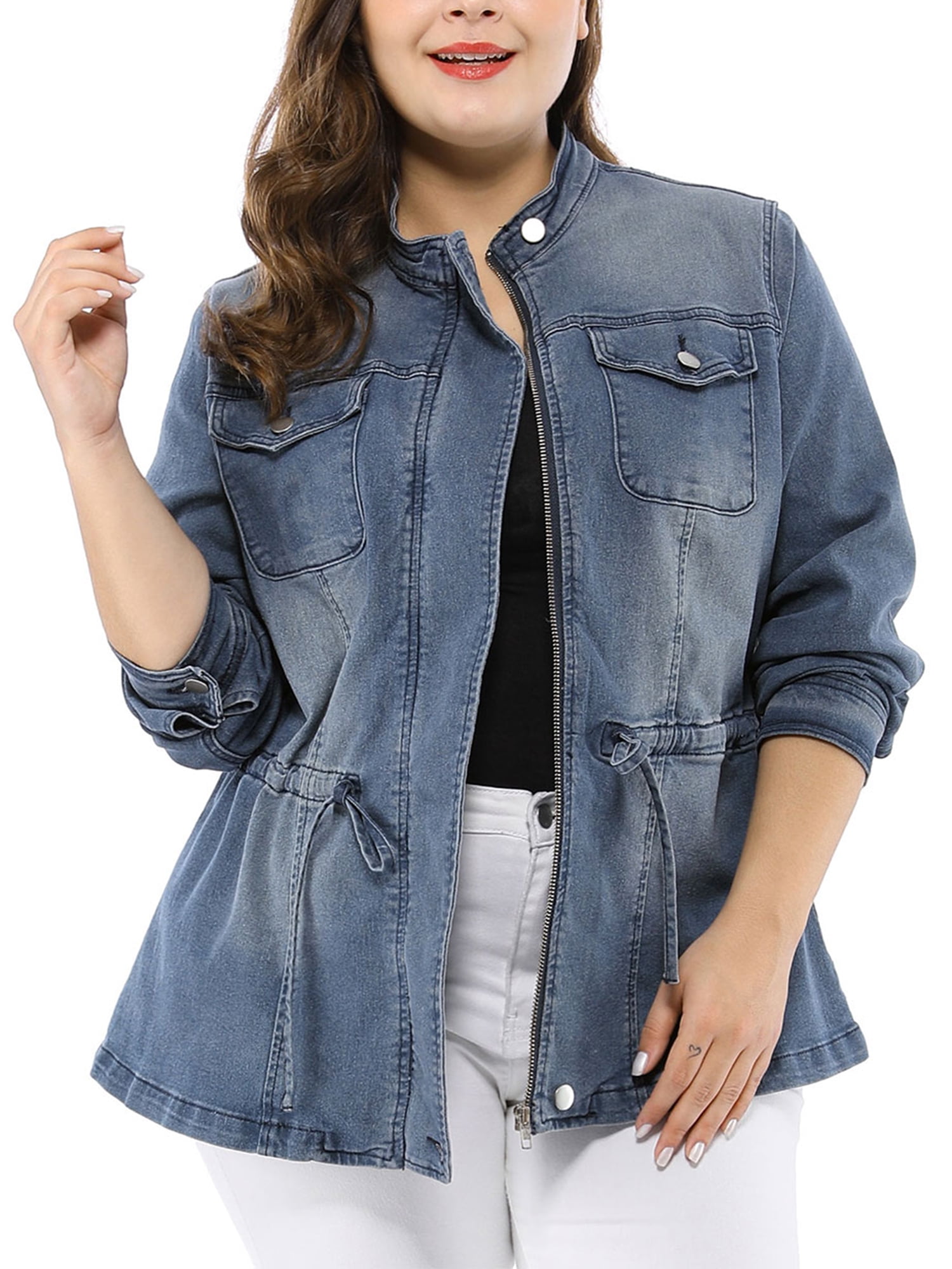 Agnes Orinda Juniors' Plus Size Stand Collar Long Sleeves Zip Denim Jacket