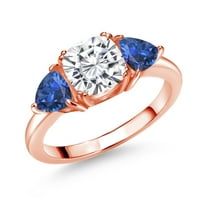 Gem Stone King 18K Rose Gold Plated Silver White Moissanite and Blue Created Sapphire 3 Stone Engagement Ring for Women (2.78 Cttw, Gemstone Birthstone, Available in Size 5, 6, 7, 8, 9)