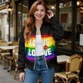 thumbnail image 2 of Xixirimido Women Bomber Jacket with Pockets Stand Collar Cropped Coat Lightweight Zip Up Jacket Streetwear for Fall Winter, LGBTQ Pride Flag, Large, 2 of 7