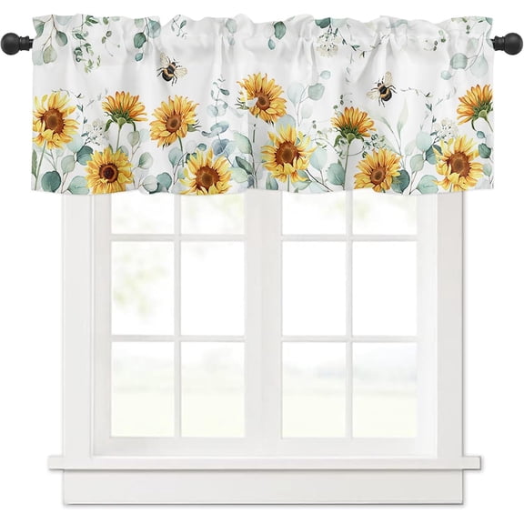 Sunflower Eucalyptus Curtain Valance for Windows/Living Room/Kitchen/Bathroom/Farmhouse,Bee Rustic Vintage Farmhouse Flowers Short Rod Pocket Tier Curtain Window Treatment Curtains Drape 1 Panel 54x18