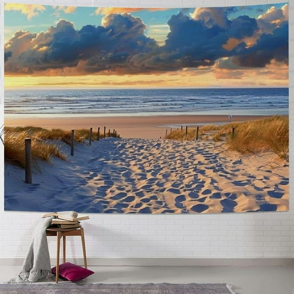 PRATYUS Ocean Beach Sandy Scene Tapestry for Bedroom Wall Hanging Seaside Path Fence Hawaii Wall Decor Sunset Sunrise Costal Scenery Sea Summer Nature Pastel Living Room Dorm Painting