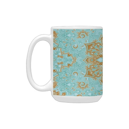 

Mandala Decor Mystic Psychedelic Vintage Kaleidoscope Zen Sacred Cosmos Tibetan Icon Print Brown Blu Ceramic Mug (15 OZ) (Made In USA)