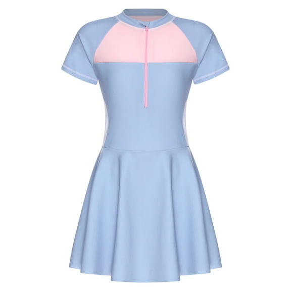 vastwit Kids Girls One Piece Swimsuit Short Sleeve Swim Dress Summer Pool Beach Swimwear Sundress Light Blue 11-12