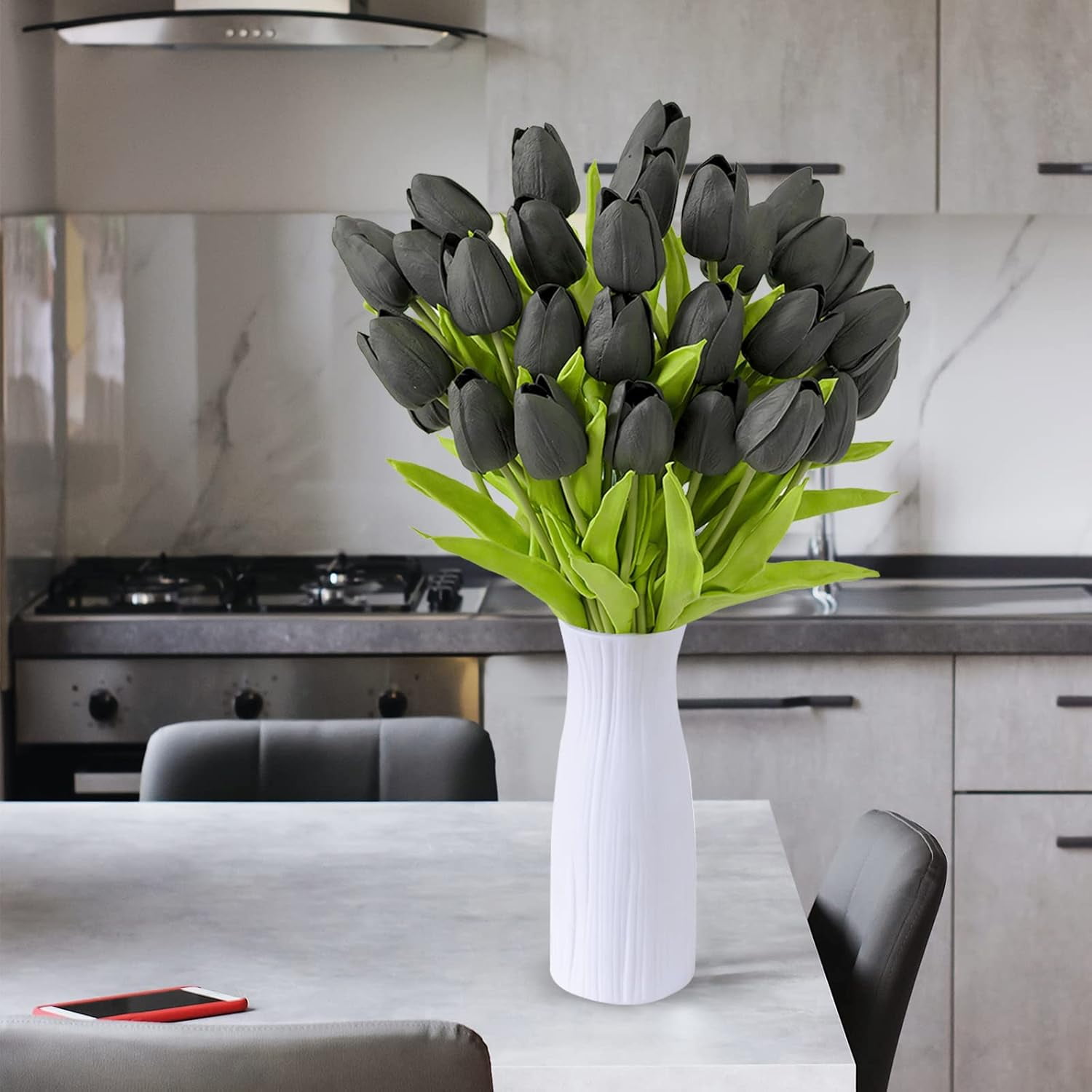 30Pcs Artificial Tulip Flowers Faux Tulip Stems PU Real Touch Tulips 13.7" for Spring Easter Vase Wedding Bouquets Floral Arrangements Wreath Table Centerpiece Indoor Outdoor Decoration (Black)