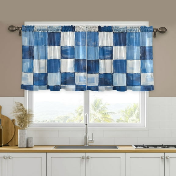 Yayeee Kitchen Curtains Tier Set of 2 Light Filtering 57"x24" Over Sink Window Panels, Blue and Gray Plaid Pattern