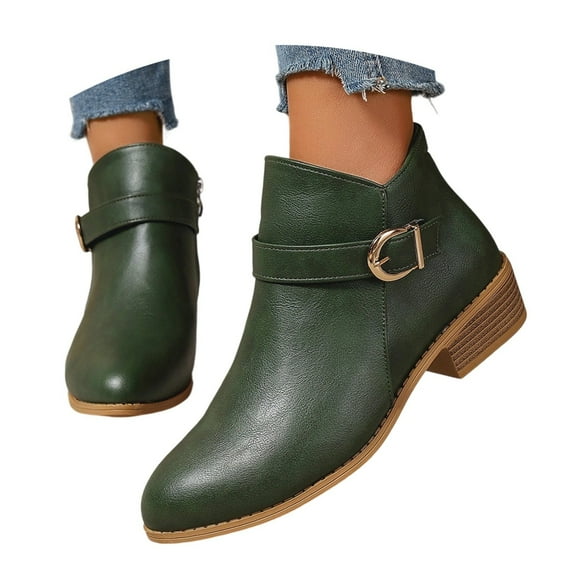 Kidagic Women's Retro Mid Calf Boots Side Zipper Ankle Booties Mid Heel Casual All Seasons Wear(Color:Green,Size:9.5)