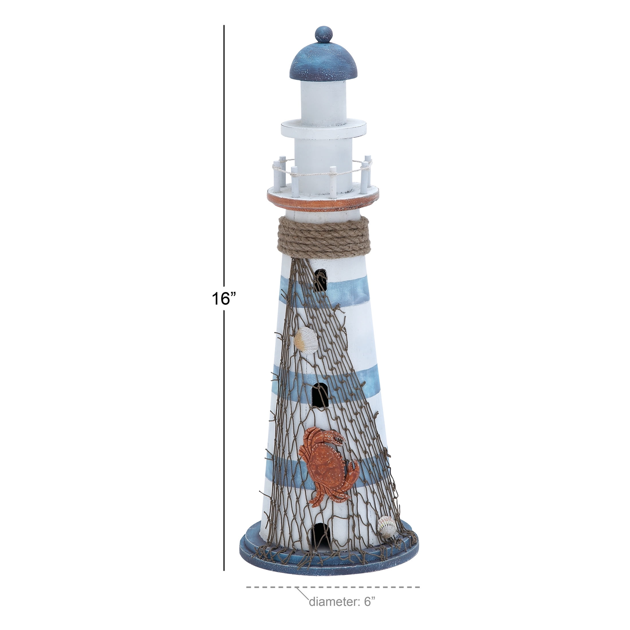 7" x 16" Blue Wood Light House Sculpture with Netting, by DecMode