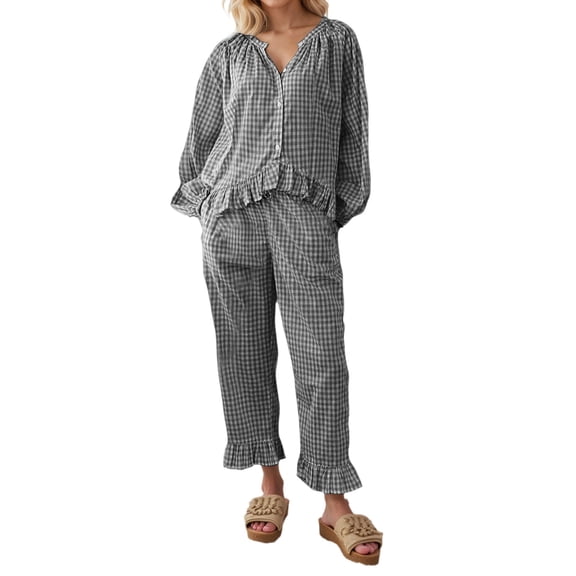 XIYON Womens Pajama Sets Fashionable Leisure Plaid Pajama For With Ruffled Hem Long Pants And Relaxed Collar Shirt Soft Sleepwear Loungewear