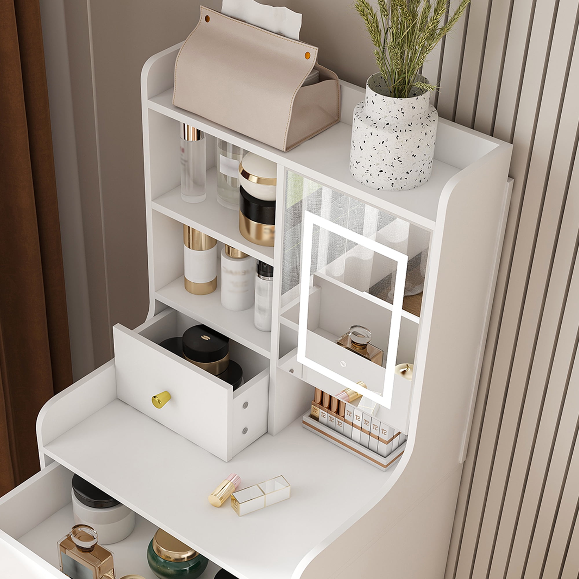 3-in-1 Dressing Table with LED Mirror & Storage Stool, White MDF Makeup Vanity with 4 Drawers and Bookshelf, 19.69 in L x 15.75 in W x 50.39 in H