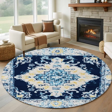 Vintage Ethnic Round Area Rug 6 FT Non Slip Bedroom Rugs Boho Tribes Modern Blue Middle Century Washable Soft Circular Carpet Non-Shedding Floor Mat for Kitchen Dining Room Home Office Kids Room