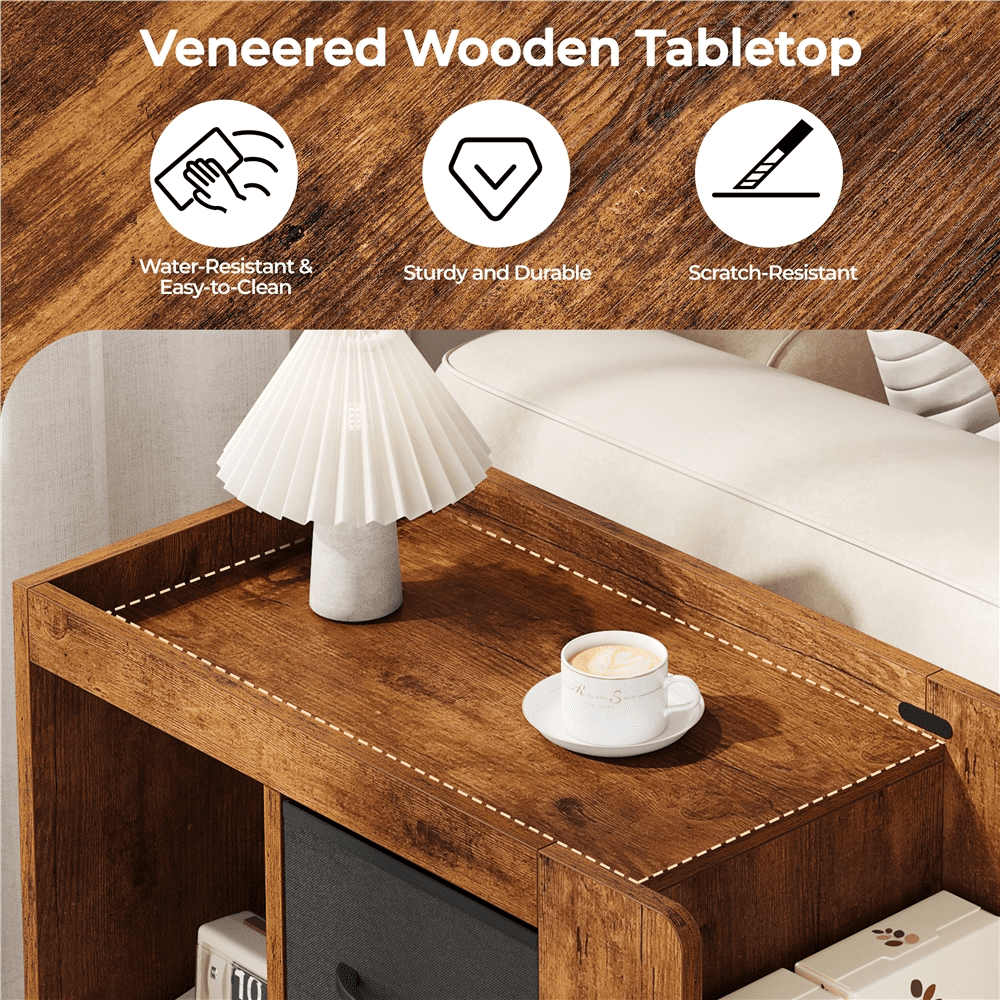 Renwick Modern Wooden Rolling Side Table with 2 Foldable Fabric Drawers and Magazine Racks, Rustic Brown