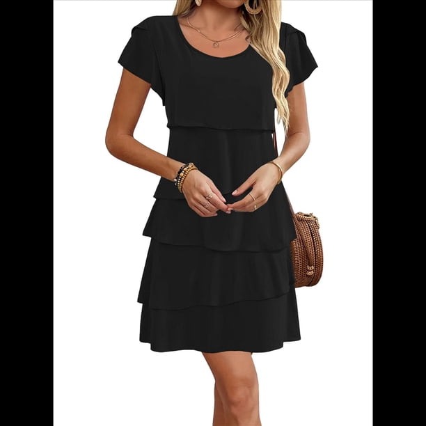 Elegante Vestido de para Mujer, con Volantes, , Cuello Redondo, Mangas Abullonadas, Vestido Midi Fluido para Cóctel o Fiesta Negro XXL