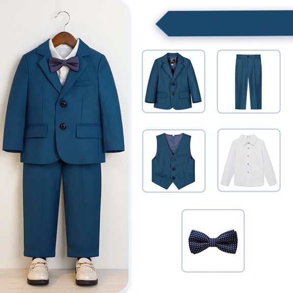 Boys Formal Suit Set, 4 Piece Blazer Vest Pants Bow Tie Outfit, Kids Wedding Tuxedo Set for School Events and Special Occasions, Classic Gentleman Suit Blackish Green 100