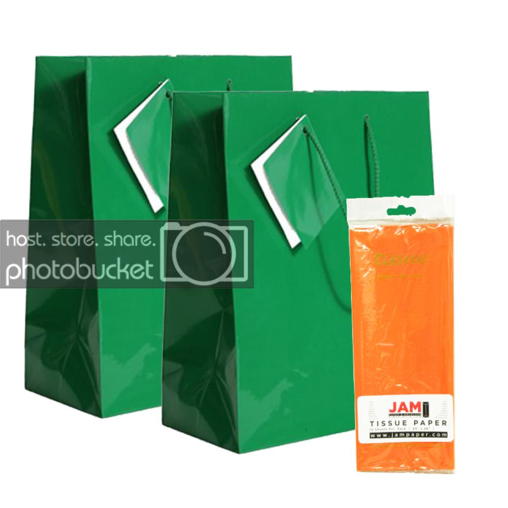 JAM Gift Bag Assortment, 2 Green Bags & Orange Tissue Paper, 3/Pack