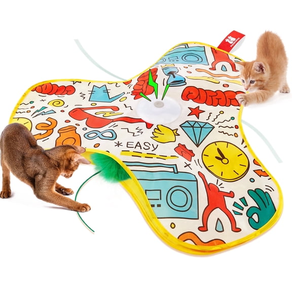 Potaroma Hide‑and‑Seek Moving‑Feather Cat Wand Toy, Rechargeable Touch‑Activated, Squeaky Mouse, Graffiti‑Style Cover