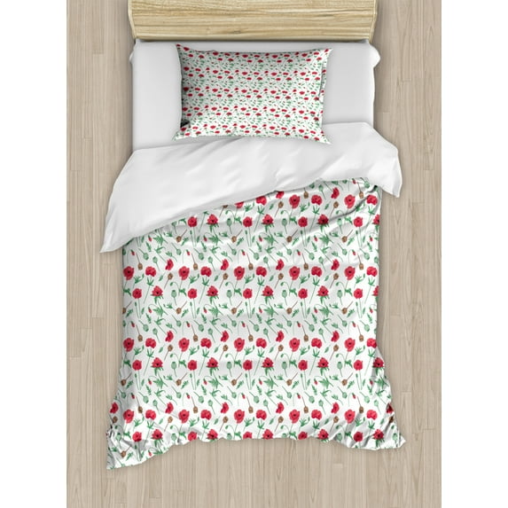 Poppy Duvet Cover Set Twin Size, Flower Bloom Pattern with Forestry Theme Garden Art Medicinal Plants, Decorative 2 Piece Bedding Set with 1 Pillow Sham, Dark Pink Pale Green White, by Ambesonne