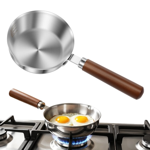 5-Layer 304 Stainless Steel Mini Frying Pan 5.12 inch Small Egg Pan with Pour Spout & Wood Handle for Induction Cooktop
