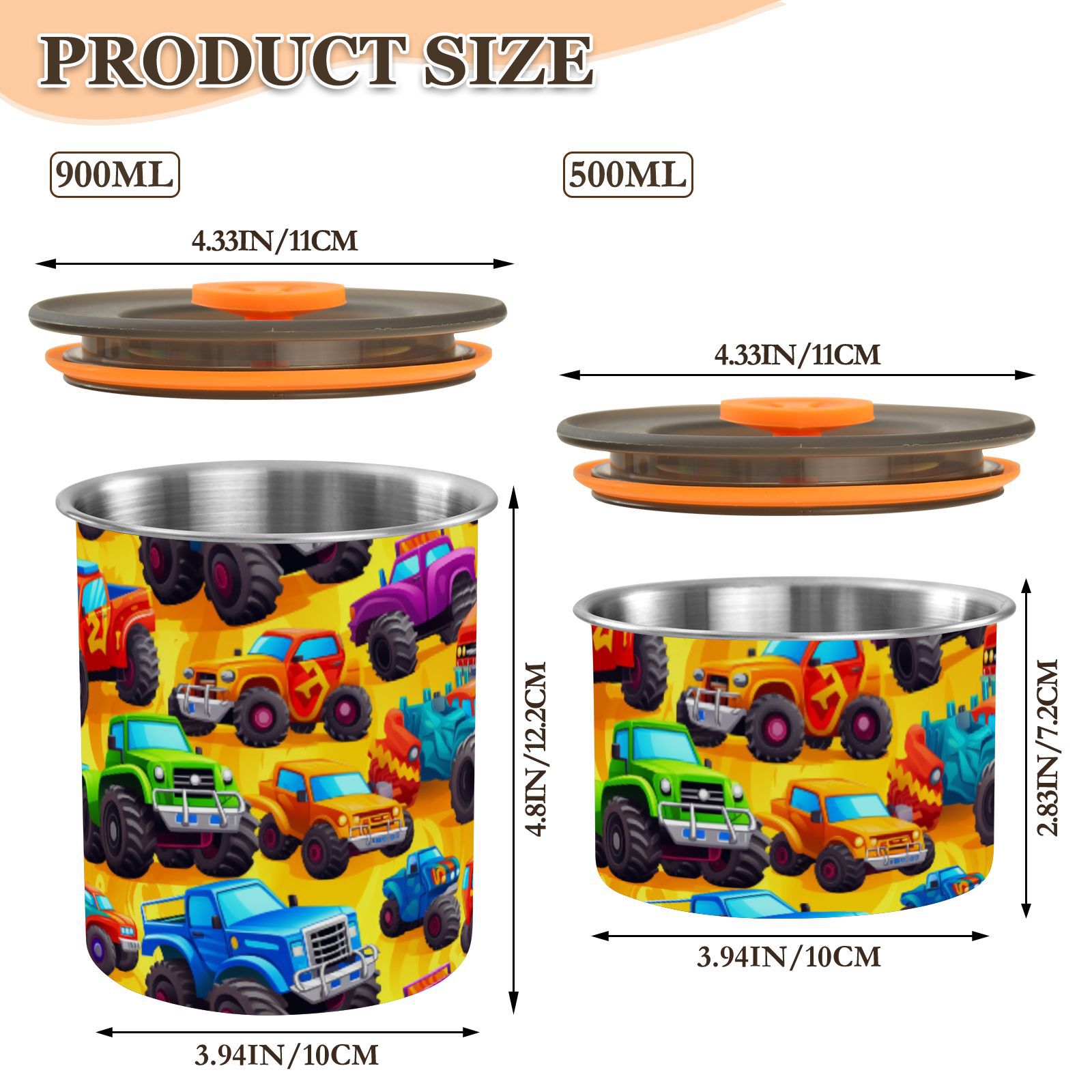 Trucks Cartoon Airtight Coffee Bean Canister 30oz Food Storage Containers with Lids For Gournd, Tea, Sugar, Flour, Rice, Cereal, Candy Cookie Jar