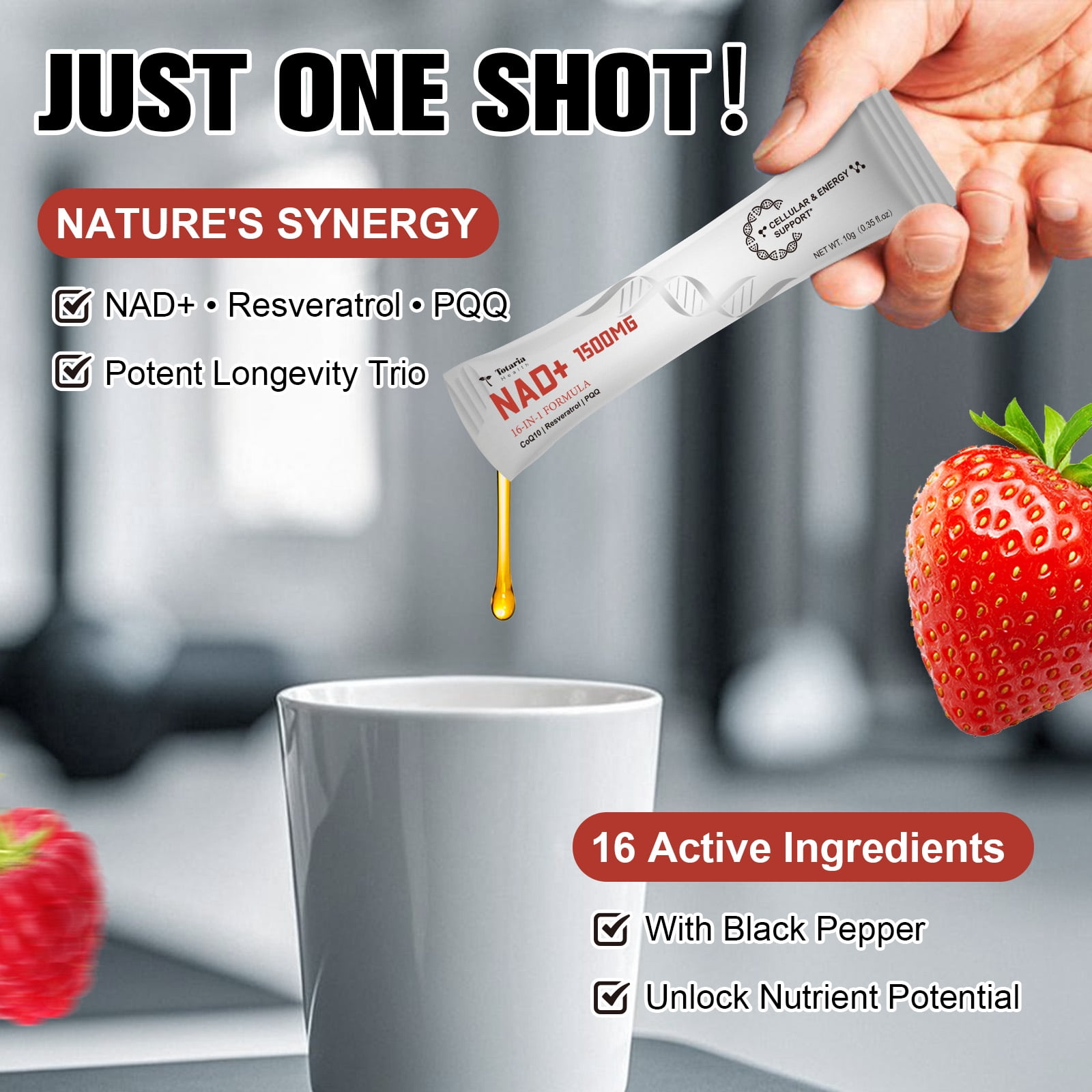 Totaria NAD+ Liquid Supplement 1500mg, 16-in-1 Formula, Berry Flavor, Supports Cellular Energy & Focus, 30 Single-Serve Packets, Gluten Free