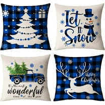Merry Christmas Pillow Covers 16x16 Set of 4 Blue Christmas Pillow Cases Xmas Holiday Throw Pillow Covers Soft Christmas Tree Deer Truck Cushion Covers for Outdoor Home Bed Sofa Couch(16 Inch)