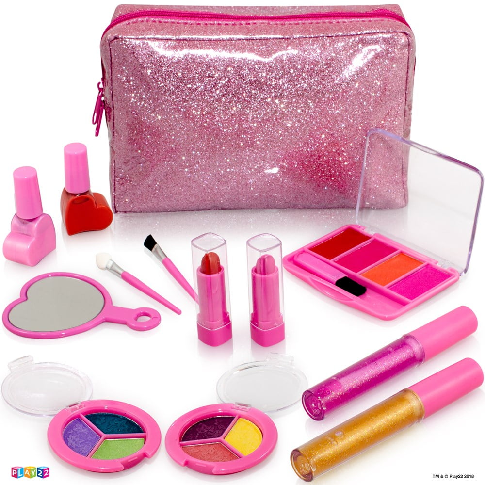 Kids Makeup Kit For Girl 13 Piece Washable Kids Makeup Set - My First Princess Make Up Kit Includes Blush Lip Gloss, Eyeshadows, Lipsticks, Brushes, Mirror Cosmetic Bag For Girls - Play22USA - Walmart.com