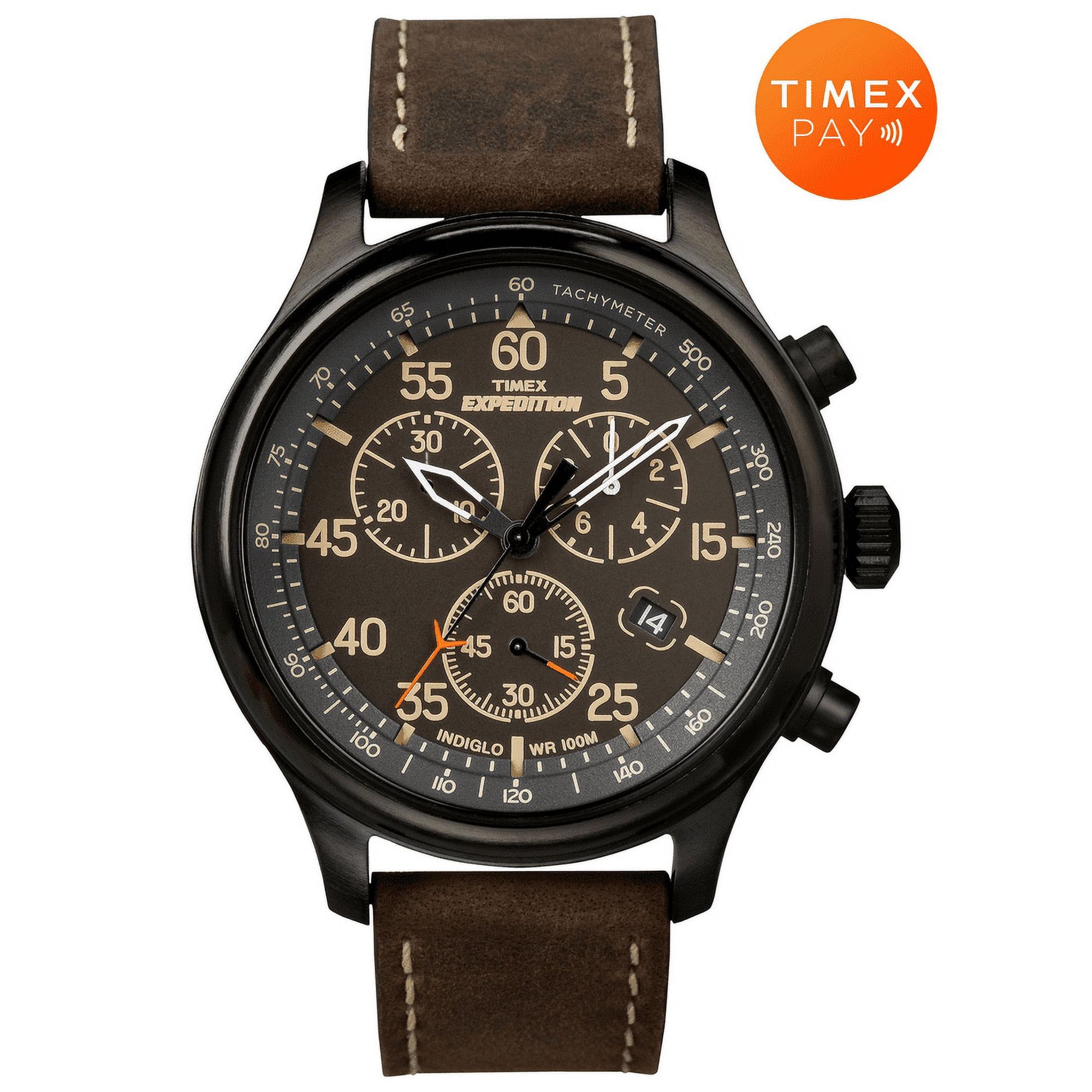 Timex Men’s Expedition Field Chrono 43mm Watch with Timex Pay Contactless Payment – Black Dial & Case Brown Leather Strap