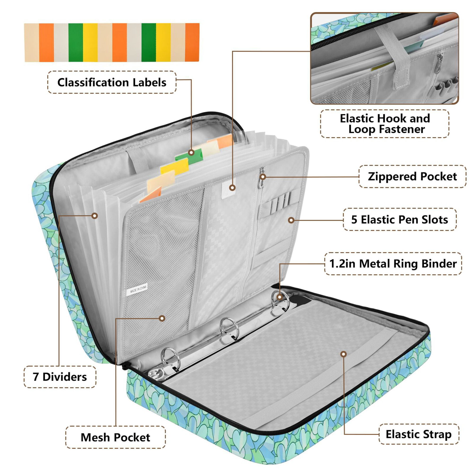 FORMRS Accordion File Folder A4 Size 7-Pocket Expanding Document Organizer Bag with 3 Ring Binder, Abstract Hearts Pattern