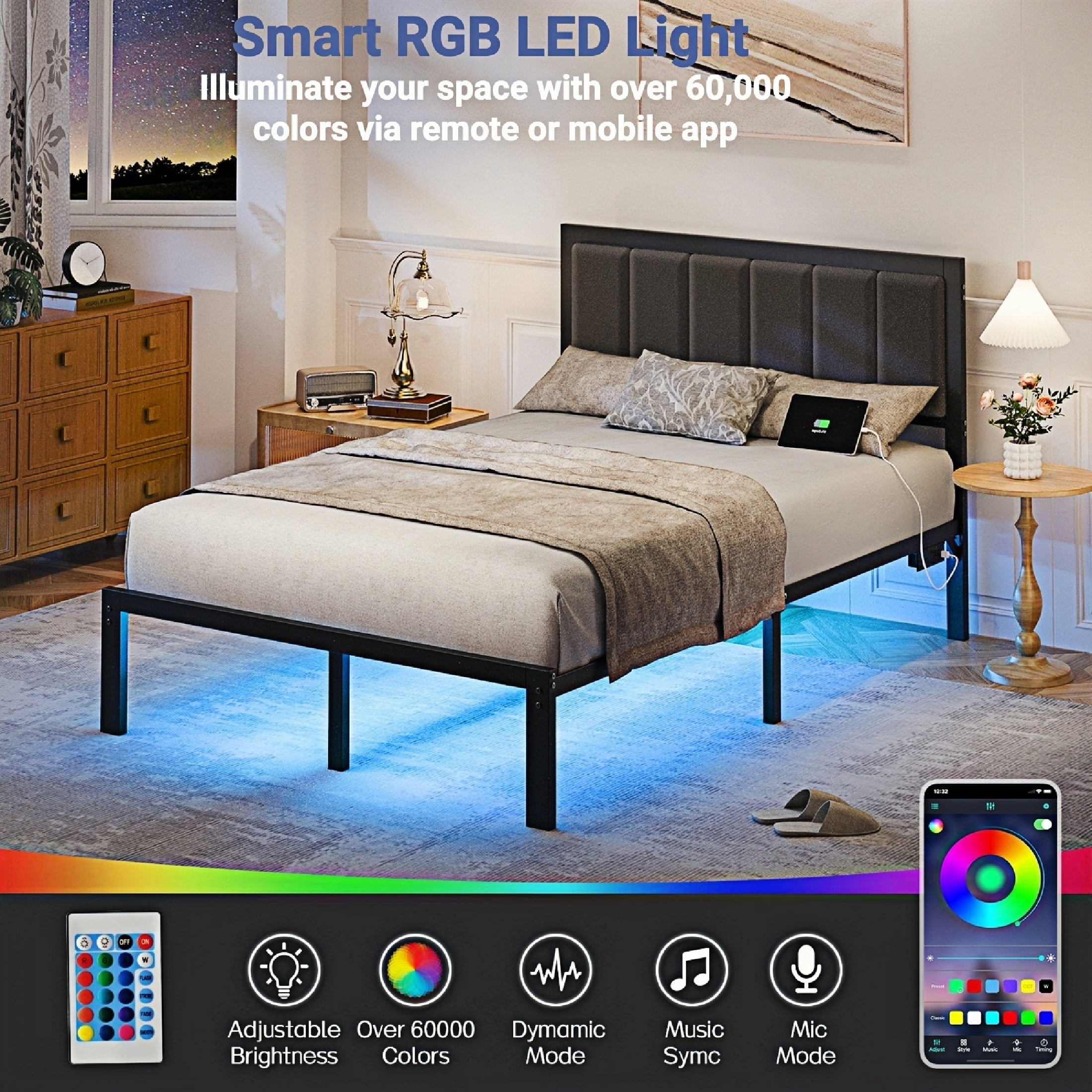 Haewon Queen Size Bed Frame with Upholstered Headboard, Metal Platform Bed Frame with USB Charging & LED Lights, Under-Bed Storage, No Box Spring Needed, Dark Grey