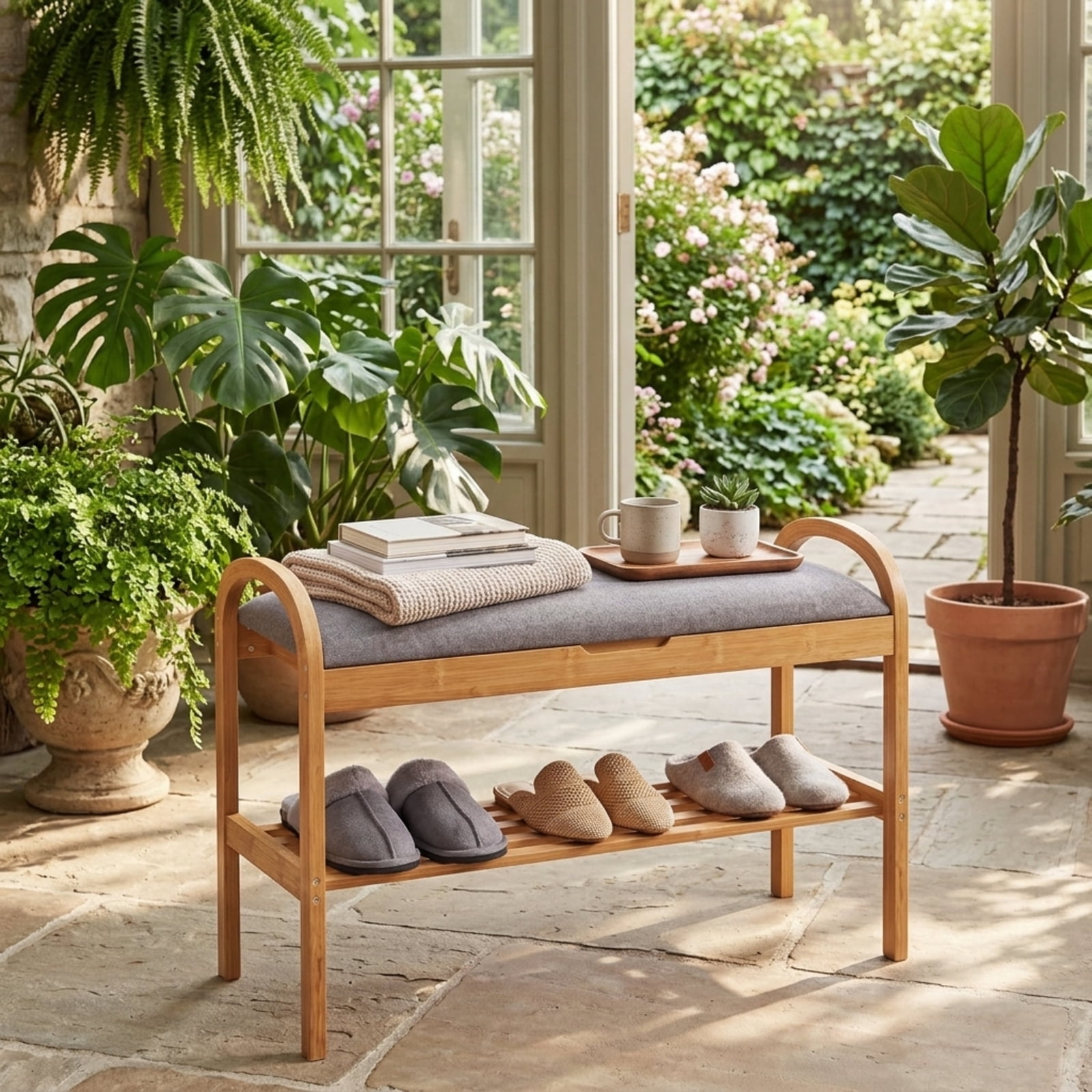 Furnibear 2 Tier Bamboo Shoe Bench with Hidden Storage Compartment and Padded Cushion for Entryway Shoe Storage Seating, Gray